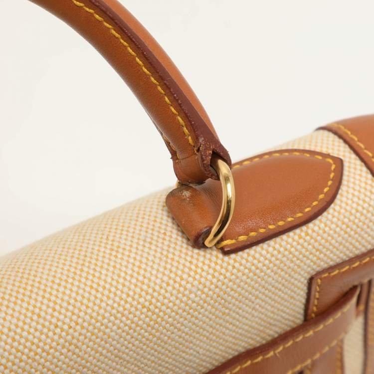 Pre Owned Hermes Natural Barenia Leather and Toile Canvas Gold Hardware Kelly Sellier 32 Bag