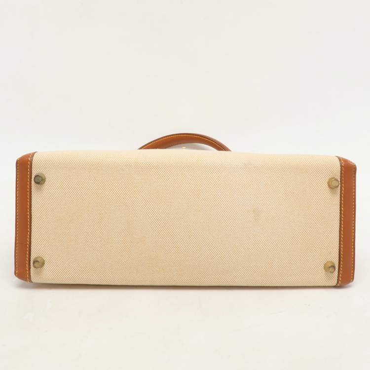 Pre Owned Hermes Natural Barenia Leather and Toile Canvas Gold Hardware Kelly Sellier 32 Bag