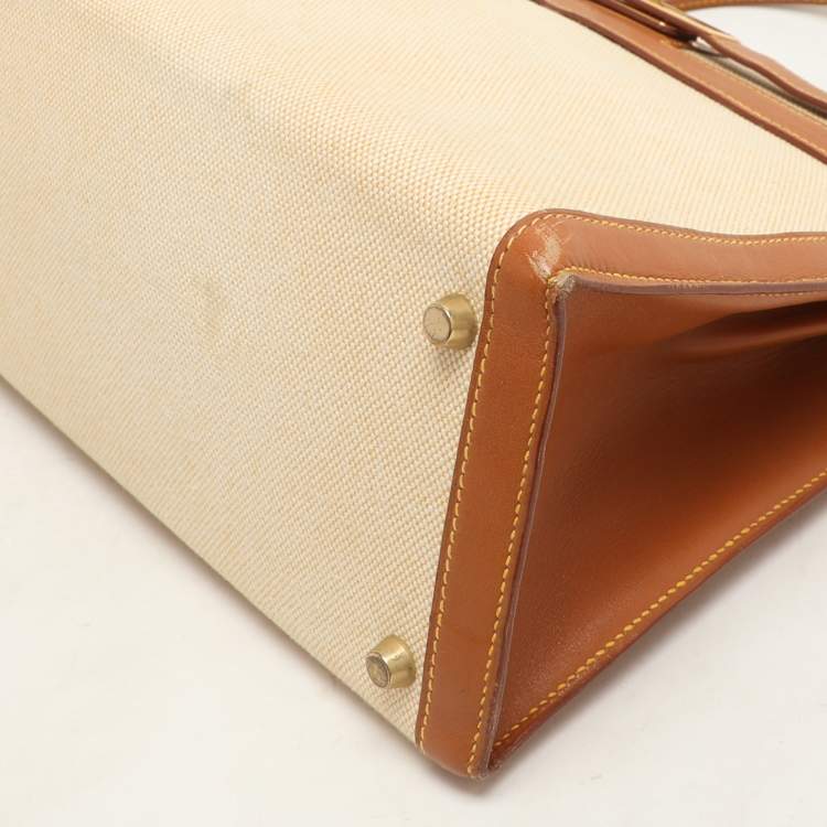 Pre Owned Hermes Natural Barenia Leather and Toile Canvas Gold Hardware Kelly Sellier 32 Bag