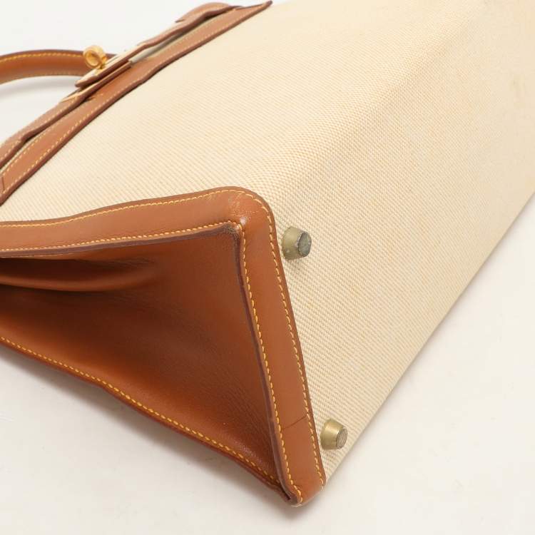 Pre Owned Hermes Natural Barenia Leather and Toile Canvas Gold Hardware Kelly Sellier 32 Bag