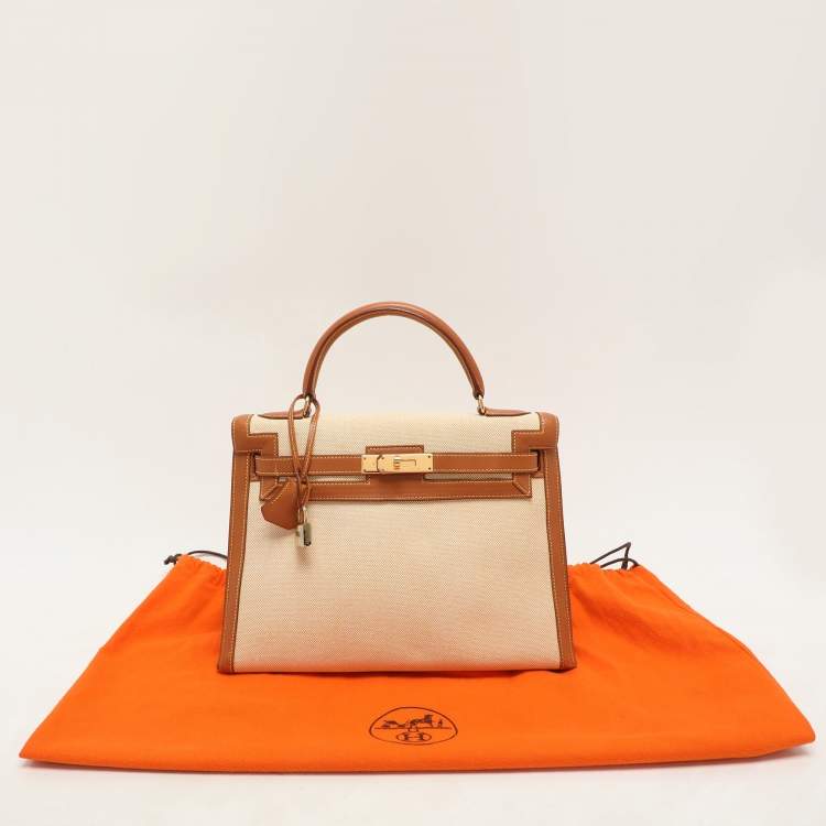 Pre Owned Hermes Natural Barenia Leather and Toile Canvas Gold Hardware Kelly Sellier 32 Bag