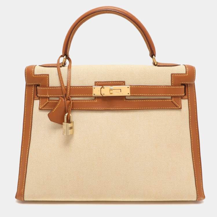 Pre Owned Hermes Natural Barenia Leather and Toile Canvas Gold Hardware Kelly Sellier 32 Bag
