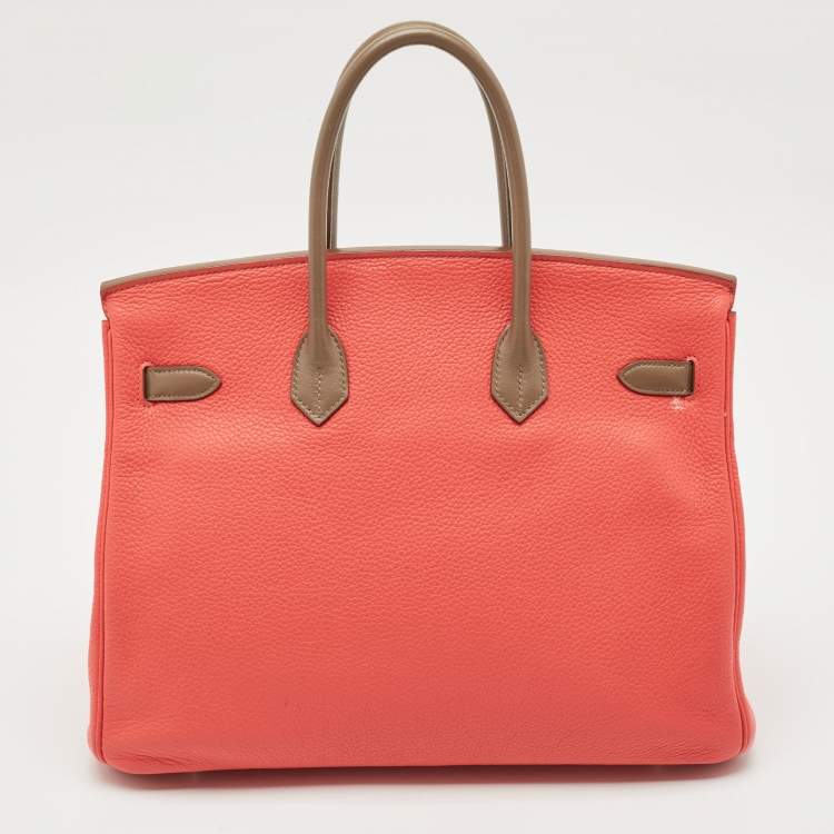 Pre Owned Hermes Rose Jaipur/Argile/Etoupe Taurillon Clemence and Swift Leather Brushed Palladium Finish Birkin 35 Bag