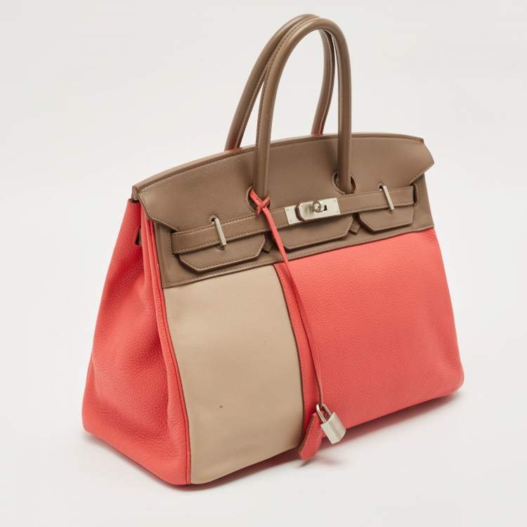 Pre Owned Hermes Rose Jaipur/Argile/Etoupe Taurillon Clemence and Swift Leather Brushed Palladium Finish Birkin 35 Bag