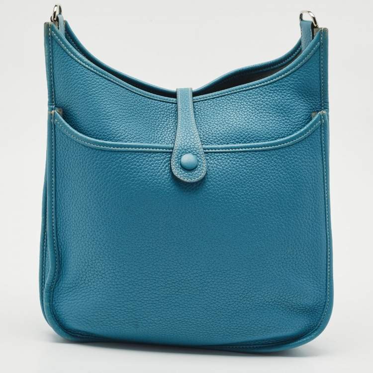 Pre Owned Hermes Bleu Jean Taurillon Clemence Leather Evelyne III PM Bag