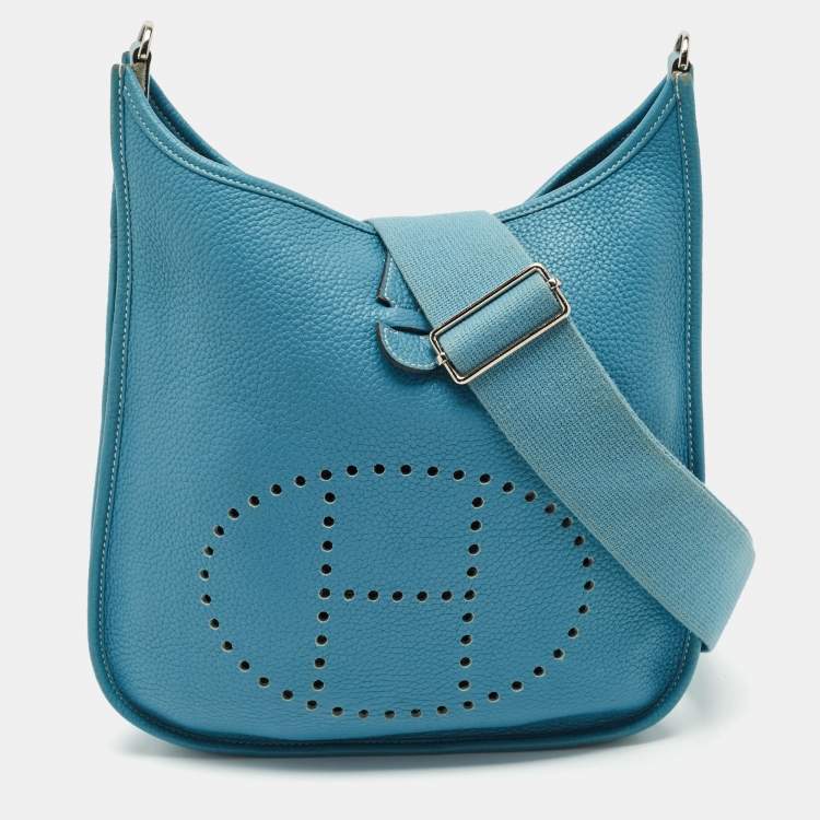 Pre Owned Hermes Bleu Jean Taurillon Clemence Leather Evelyne III PM Bag