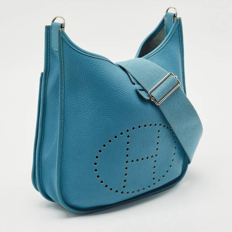 Pre Owned Hermes Bleu Jean Taurillon Clemence Leather Evelyne III PM Bag