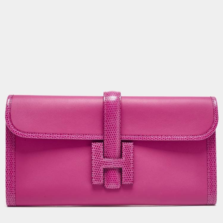 Pre Owned Hermès Rose Shocking Lizard and Swift Leather Jige Elan 29 Clutch