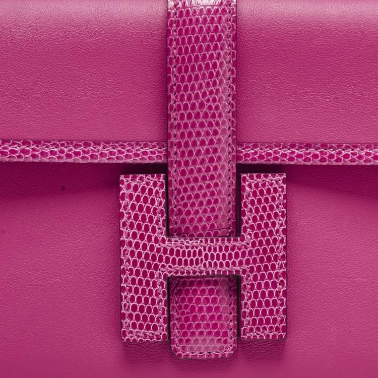 Pre Owned Hermès Rose Shocking Lizard and Swift Leather Jige Elan 29 Clutch