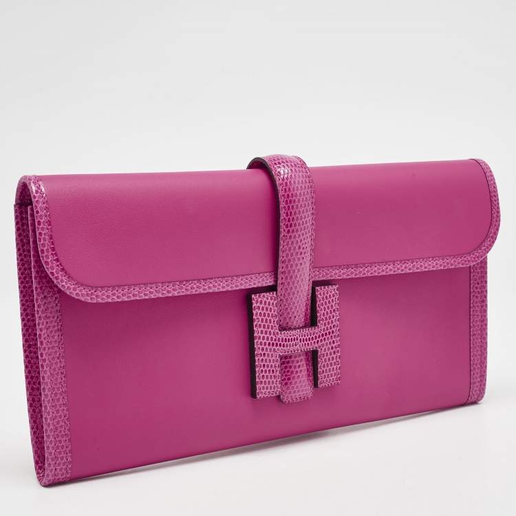 Pre Owned Hermès Rose Shocking Lizard and Swift Leather Jige Elan 29 Clutch