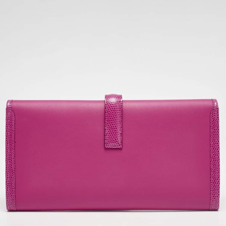 Pre Owned Hermès Rose Shocking Lizard and Swift Leather Jige Elan 29 Clutch