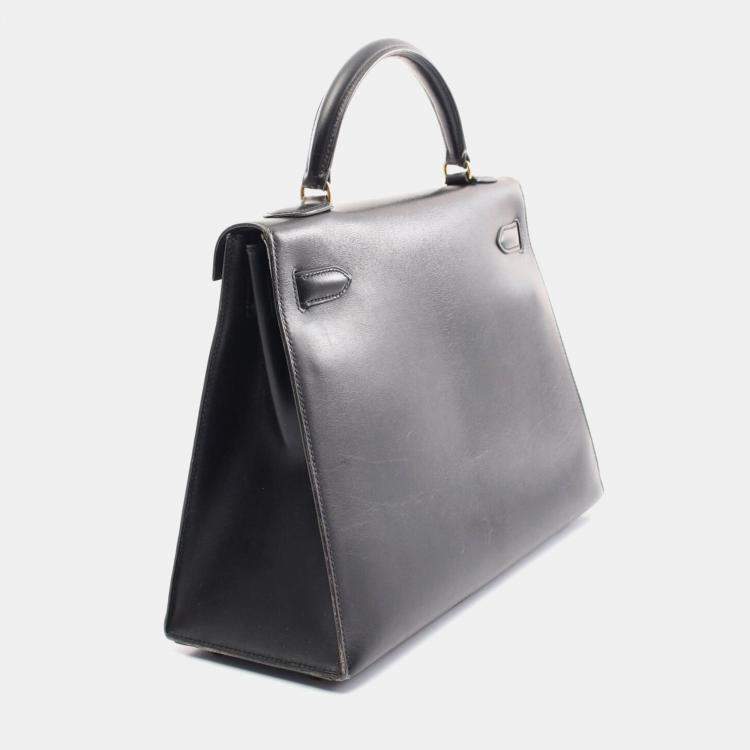 Pre Owned Hermes Black Box Calf Leather Kelly 32 Hand Bag GHW