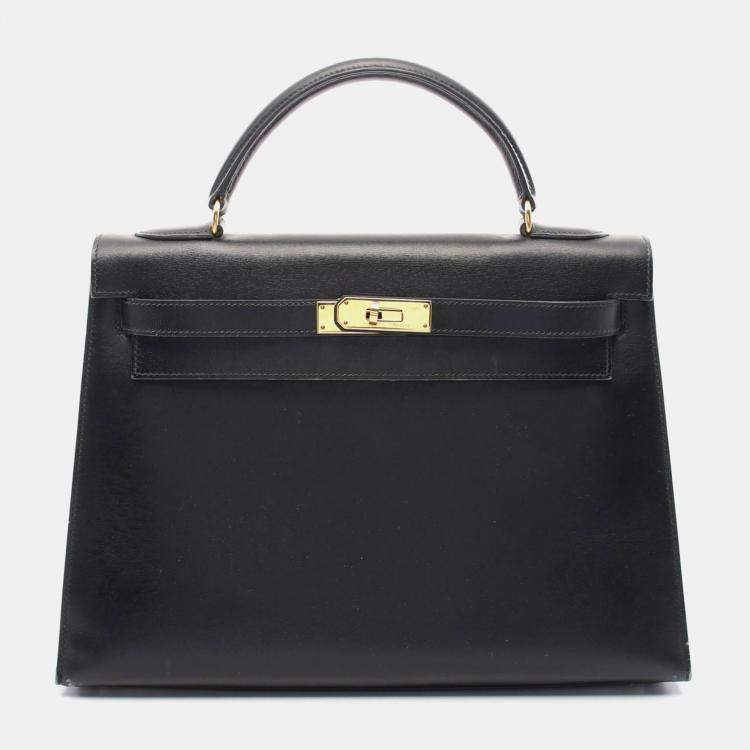 Pre Owned Hermes Black Box Calf Leather Kelly 32 Hand Bag GHW