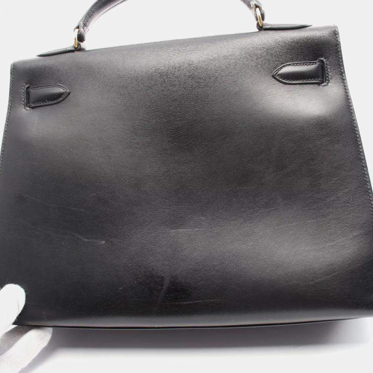 Pre Owned Hermes Black Box Calf Leather Kelly 32 Hand Bag GHW