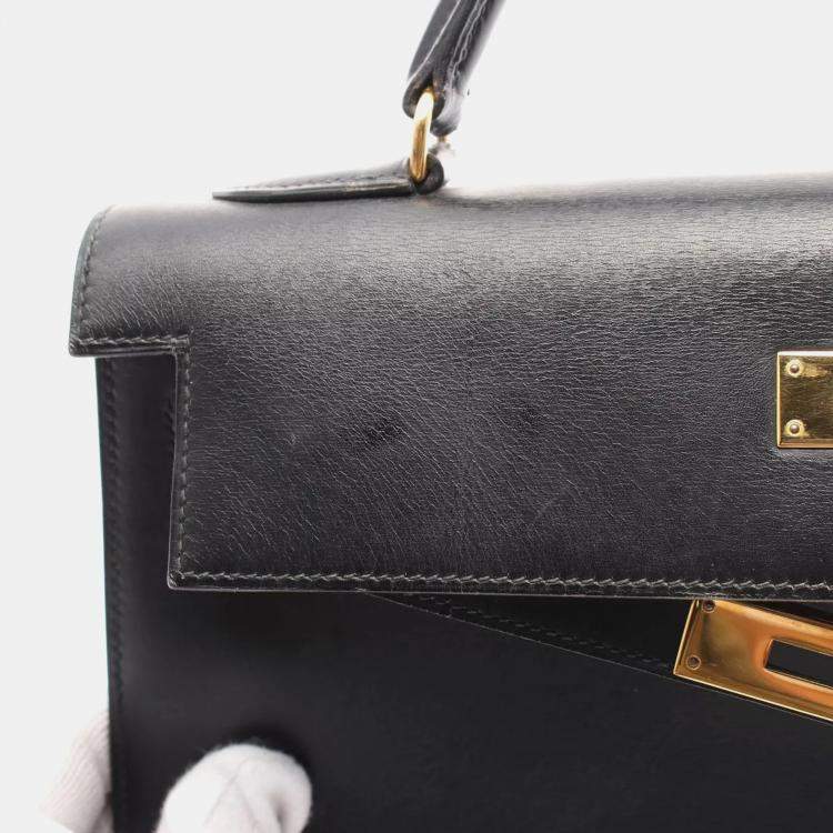 Pre Owned Hermes Black Box Calf Leather Kelly 32 Hand Bag GHW