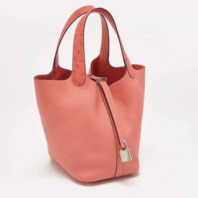 Pre Owned Hermès Rose Texas Ostrich and Taurillon Clemence Leather Picotin Lock 18 Bag