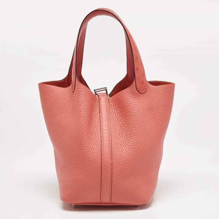 Pre Owned Hermès Rose Texas Ostrich and Taurillon Clemence Leather Picotin Lock 18 Bag