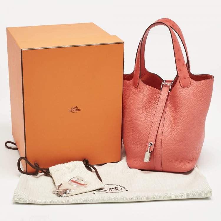 Pre Owned Hermès Rose Texas Ostrich and Taurillon Clemence Leather Picotin Lock 18 Bag