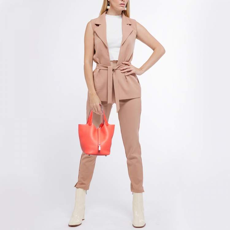 Pre Owned Hermès Rose Texas Ostrich and Taurillon Clemence Leather Picotin Lock 18 Bag