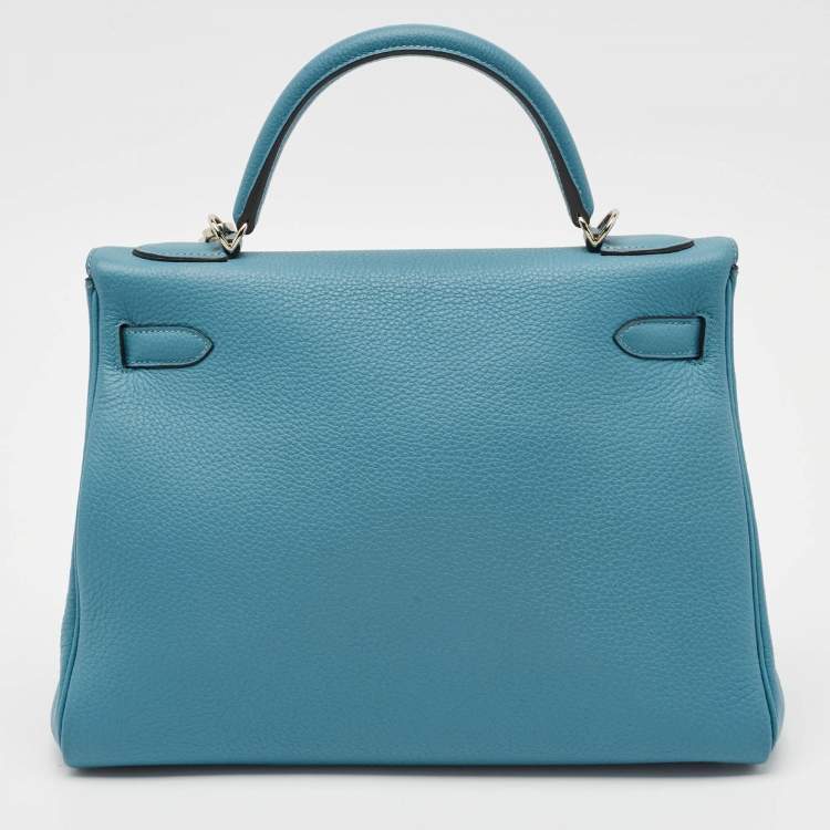 Pre Owned Hermes Bleu Jean Togo Leather Palladium Finish Kelly Retourne 32 Bag