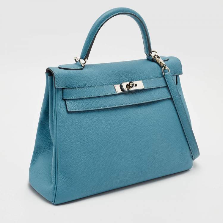 Pre Owned Hermes Bleu Jean Togo Leather Palladium Finish Kelly Retourne 32 Bag