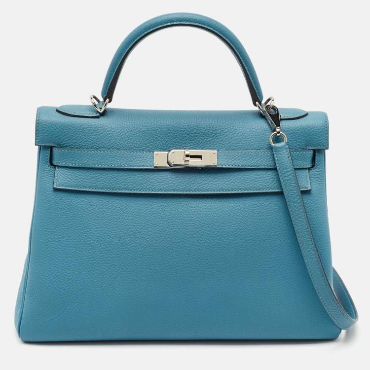 Pre Owned Hermes Bleu Jean Togo Leather Palladium Finish Kelly Retourne 32 Bag