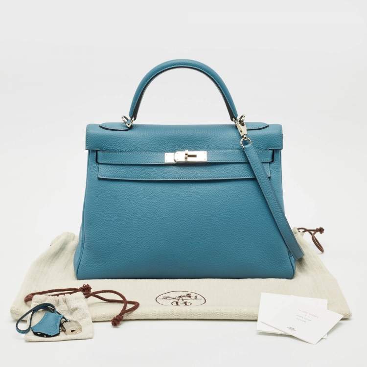 Pre Owned Hermes Bleu Jean Togo Leather Palladium Finish Kelly Retourne 32 Bag