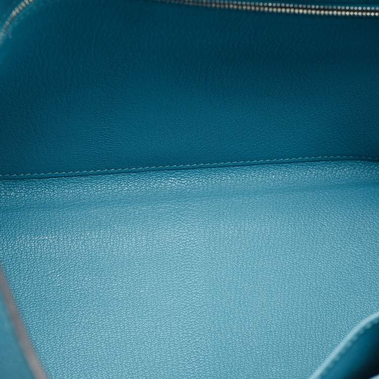Pre Owned Hermes Bleu Jean Togo Leather Palladium Finish Kelly Retourne 32 Bag