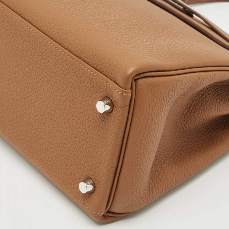 Pre Owned Hermès Gold Matte Alligator and Togo Leather Palladium Finish Kelly Retourne Touch 28 Bag