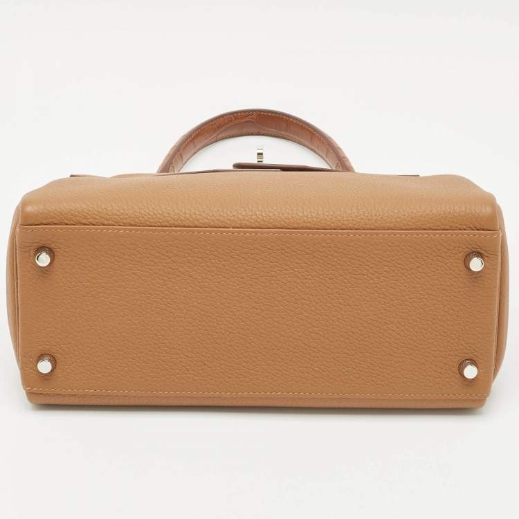 Pre Owned Hermès Gold Matte Alligator and Togo Leather Palladium Finish Kelly Retourne Touch 28 Bag