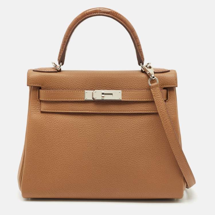 Pre Owned Hermès Gold Matte Alligator and Togo Leather Palladium Finish Kelly Retourne Touch 28 Bag