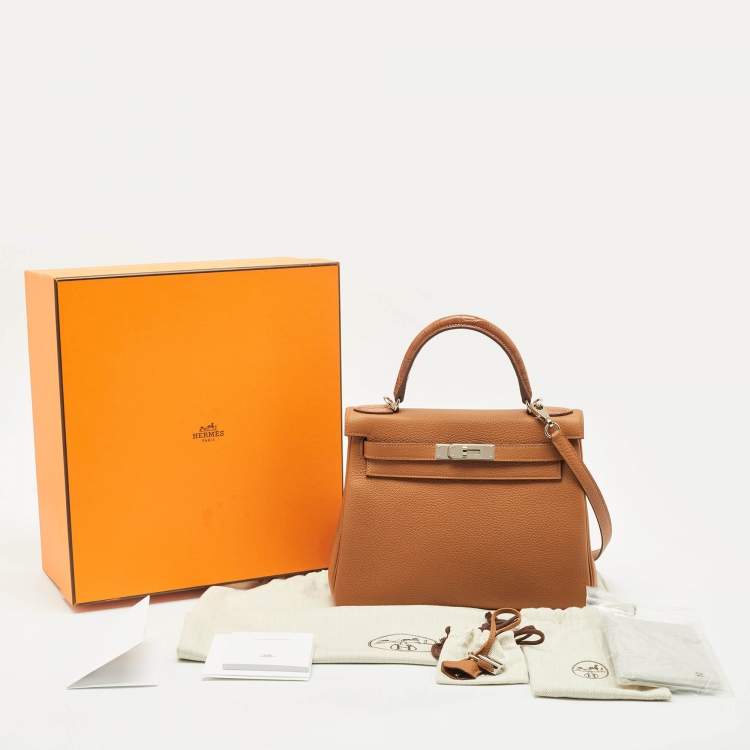 Pre Owned Hermès Gold Matte Alligator and Togo Leather Palladium Finish Kelly Retourne Touch 28 Bag