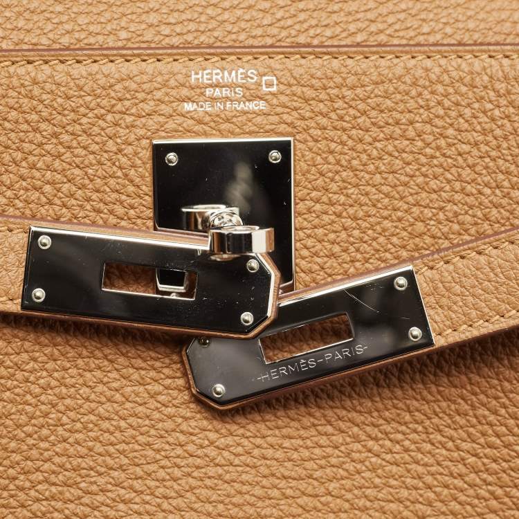 Pre Owned Hermès Gold Matte Alligator and Togo Leather Palladium Finish Kelly Retourne Touch 28 Bag