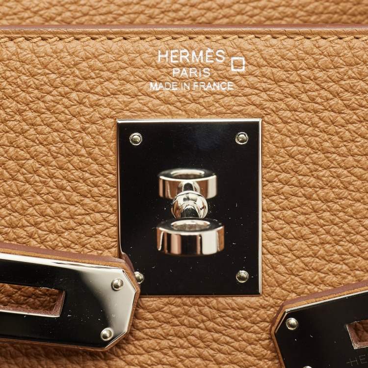 Pre Owned Hermès Gold Matte Alligator and Togo Leather Palladium Finish Kelly Retourne Touch 28 Bag