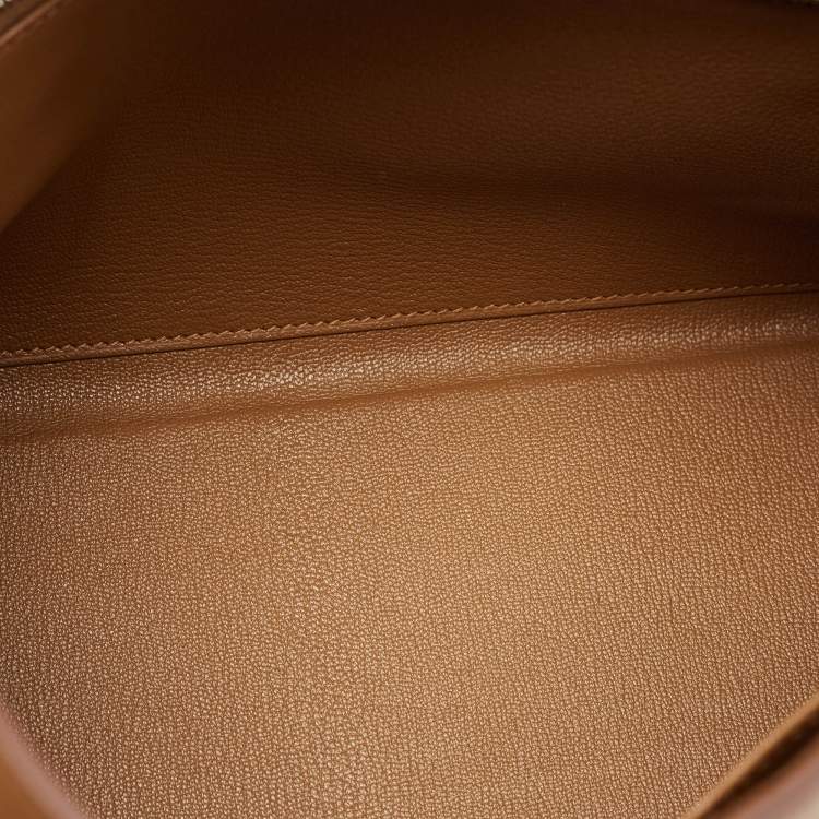 Pre Owned Hermès Gold Matte Alligator and Togo Leather Palladium Finish Kelly Retourne Touch 28 Bag