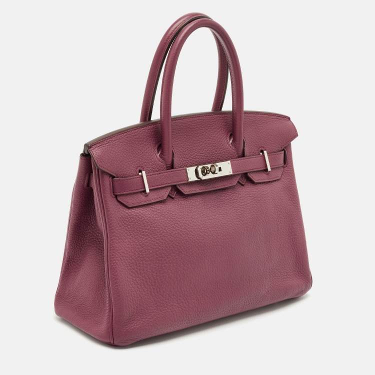 Pre Owned Hermes Tosca Taurillon Clemence Leather Palladium Finish Birkin 30 Bag