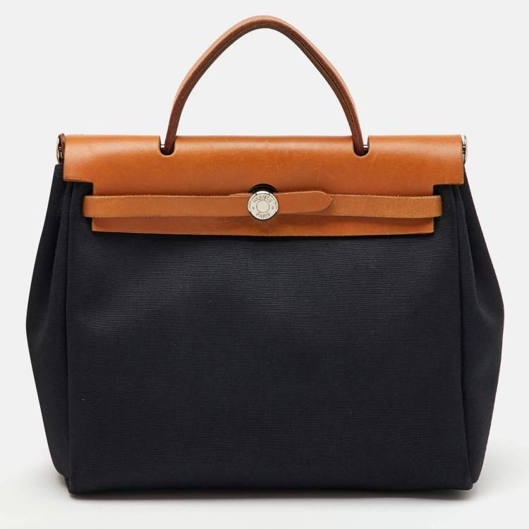 Pre Owned Hermès Black/Natural Toile and Vache Hunter Herbag 31 Bag