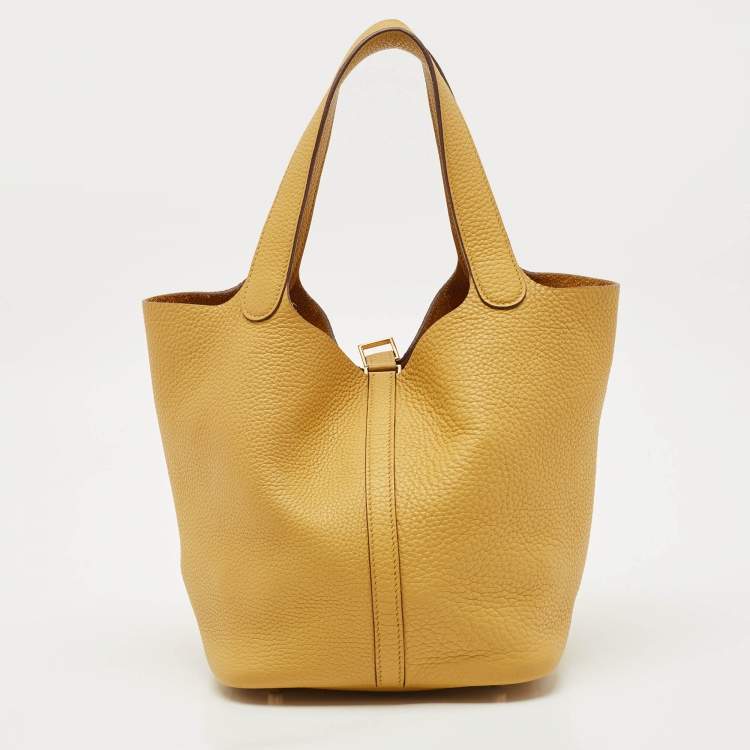 Pre Owned Hermes Jaune Ambre Taurillon Clemence Leather Picotin Lock 22 Bag