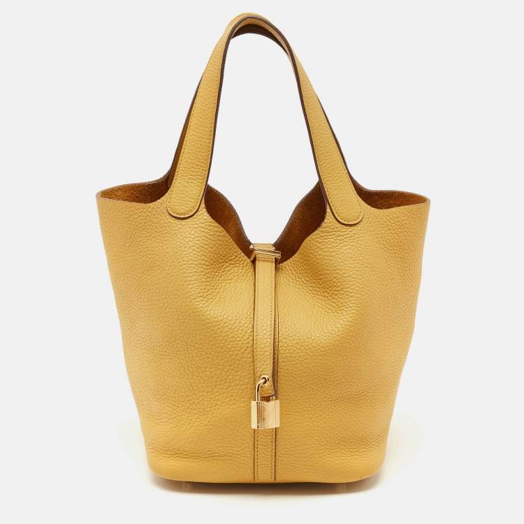 Pre Owned Hermes Jaune Ambre Taurillon Clemence Leather Picotin Lock 22 Bag