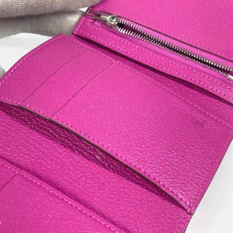 Pre Owned Hermes Bearn Compact Pink Purple Chevre Leather Trifold Wallet