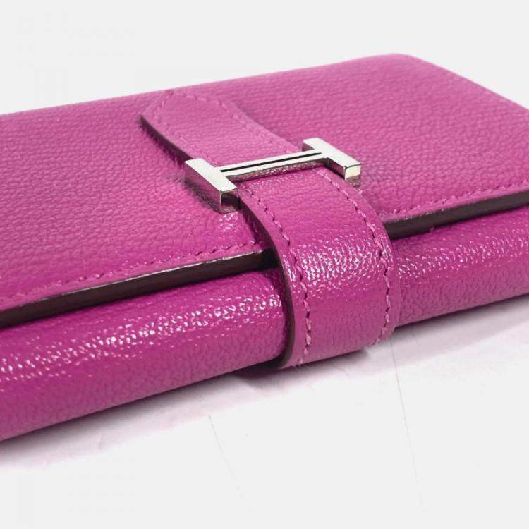 Pre Owned Hermes Bearn Compact Pink Purple Chevre Leather Trifold Wallet
