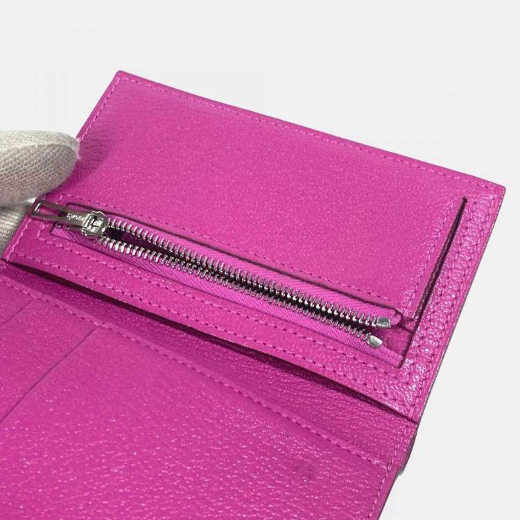 Pre Owned Hermes Bearn Compact Pink Purple Chevre Leather Trifold Wallet