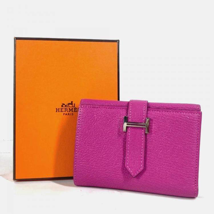 Pre Owned Hermes Bearn Compact Pink Purple Chevre Leather Trifold Wallet
