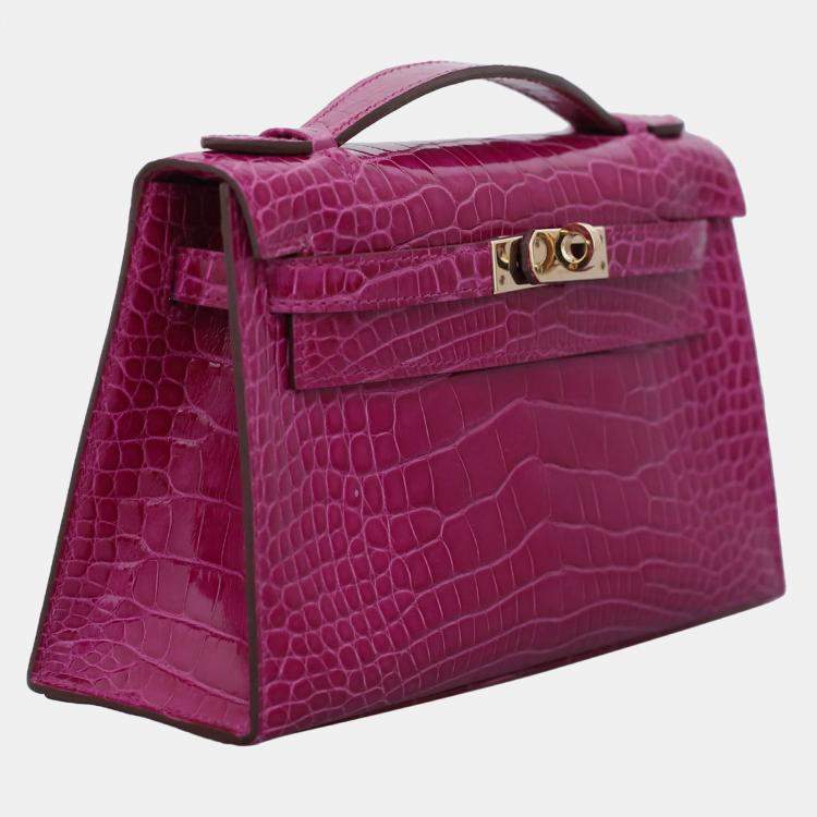 Pre Owned Hermes Kelly Rose Sheherazade Alligator Pochette Bag