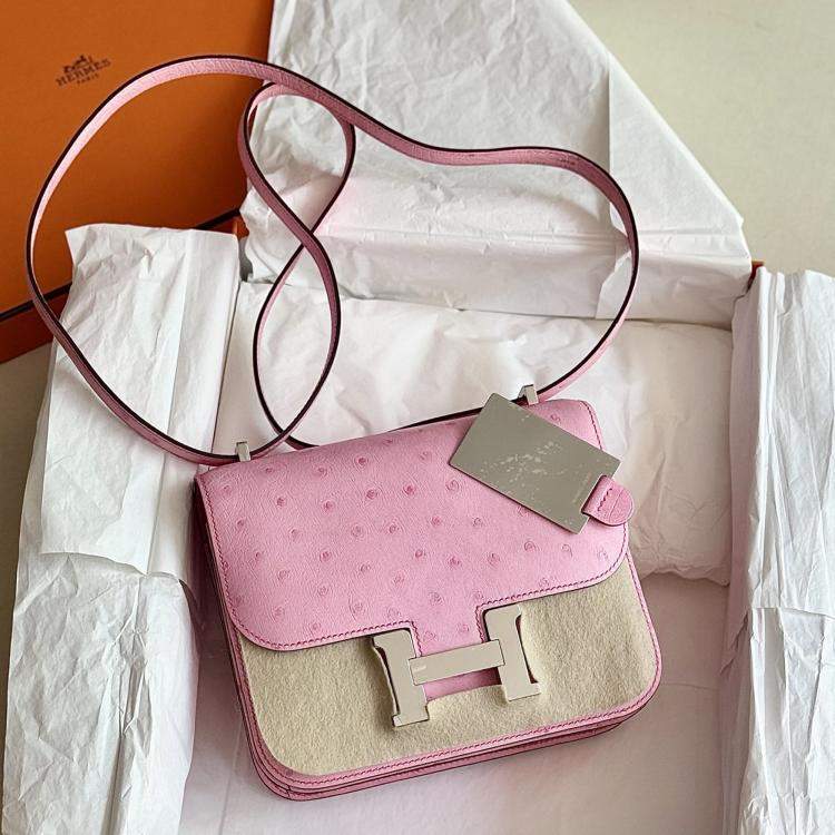 Pre Owned Hermes Constance 19 Bubble Pink Ostrich Leather Shoulder Bag