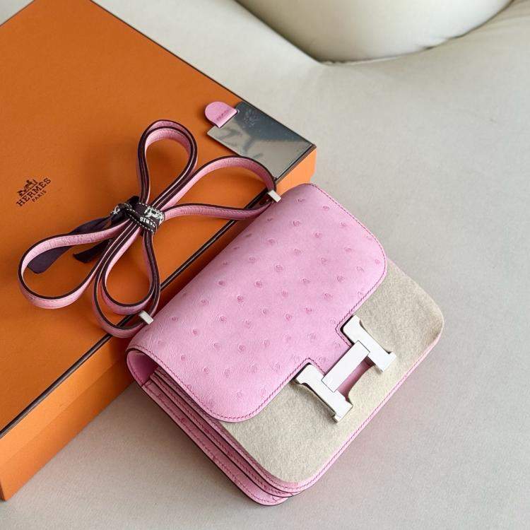 Pre Owned Hermes Constance 19 Bubble Pink Ostrich Leather Shoulder Bag