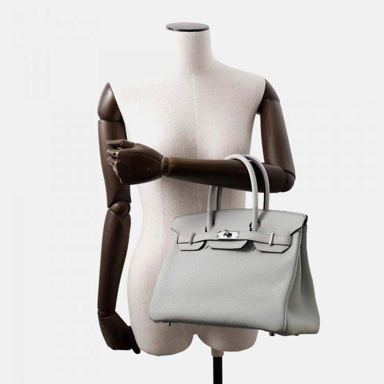Pre Owned Hermes Birkin 30 Blue Pale Taurillon Clemence Leather Tote Bag