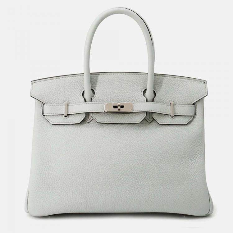 Pre Owned Hermes Birkin 30 Blue Pale Taurillon Clemence Leather Tote Bag