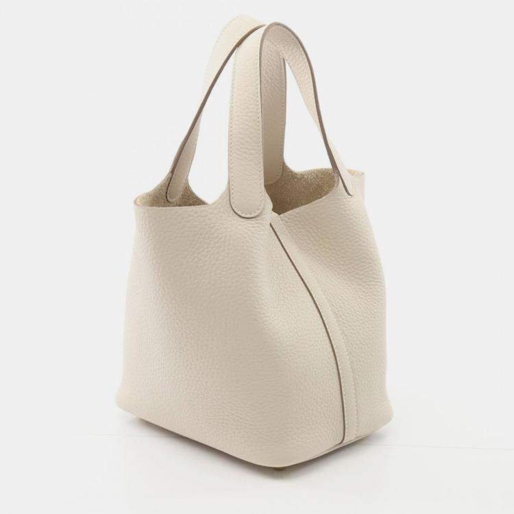 Pre Owned Hermes Picotin Lock 18 White Tone Taurillon Clemence Leather Tote Bag