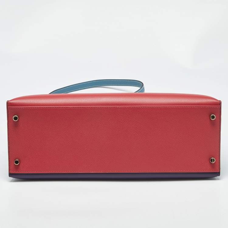 Pre Owned Hermes Bleu Jean/Anemone/Rose Tyrien Epsom Leather Gold Finish Kelly Sellier 35 Bag